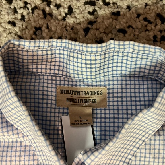 Duluth Trading Button Down Shirt Men Large Blue White Plaid Wrinkle Fighter - Picture 3 of 4